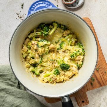 A pan of chicken and broccoli rice casserole ready to serve.