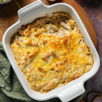 A dish of tuna pasta bake made with gluten-free pasta.