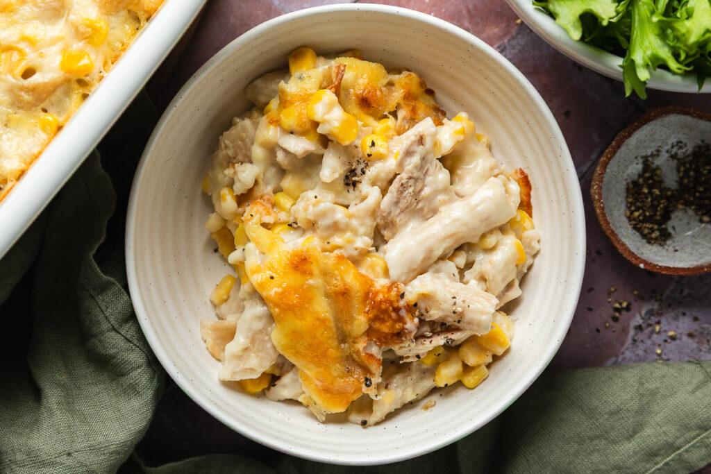 A bowl of homemade gluten-free tuna pasta bake.