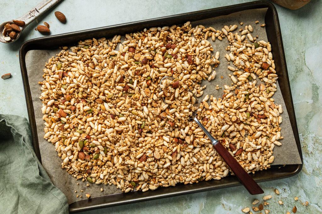 A tray of freshly made homemade gluten-free granola.
