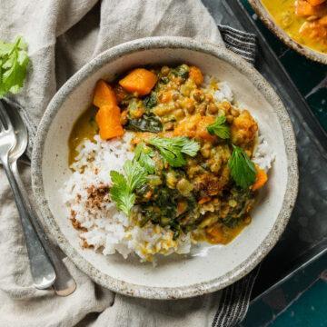A bowl of dahl and rice topped with fresh coriander.